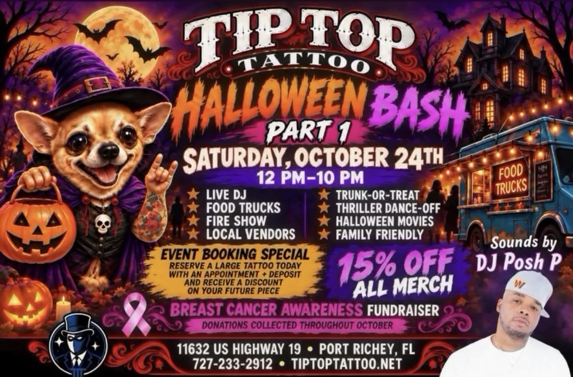 Tip Top Tattoo Halloween Bash event flyer featuring DJ Posh P