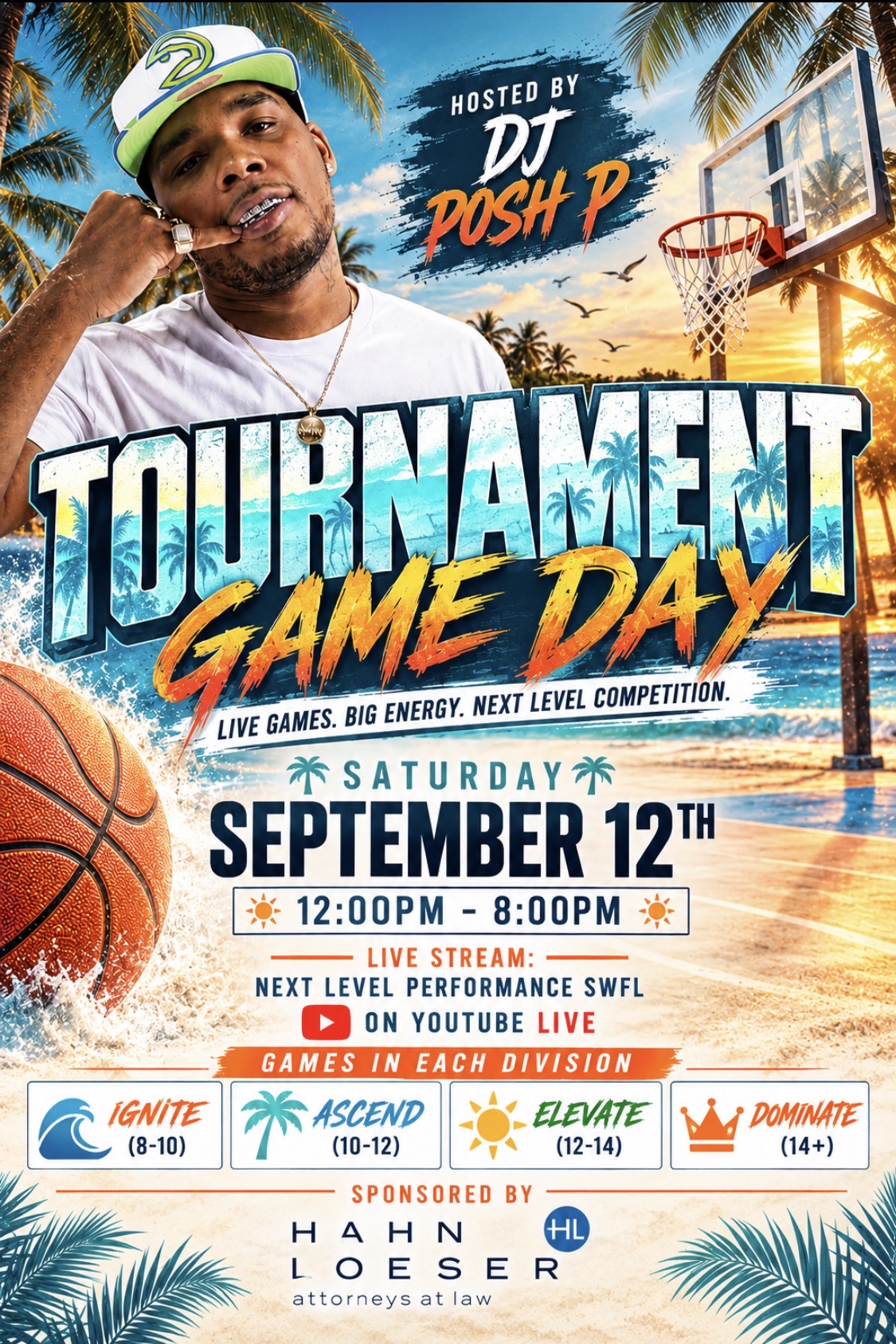 Tournament Game Day — September 12 event flyer featuring DJ Posh P
