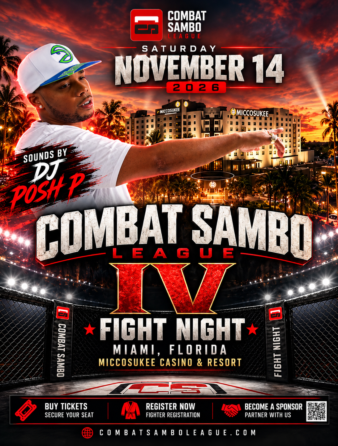 Combat Sambo League IV Fight Night event flyer featuring DJ Posh P